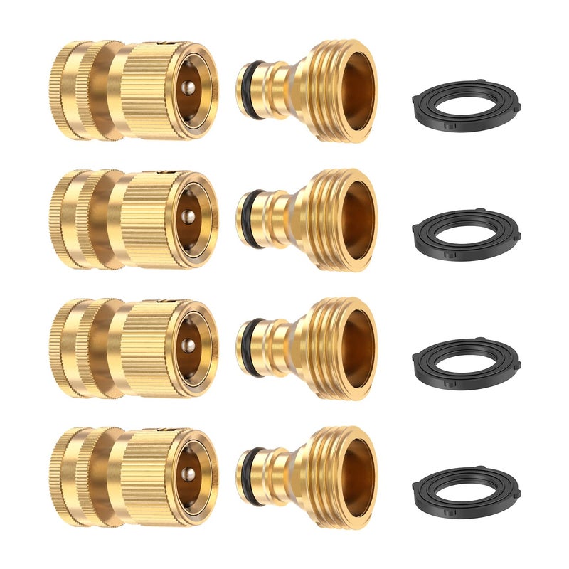 Kesfitt Garden Hose Quick Connect 3/4 Inch GHT Solid Brass Hose Connector Adapter Kit Fitting No-Leak Water Hose Female and Male Adapter (4 Sets) - Image 1
